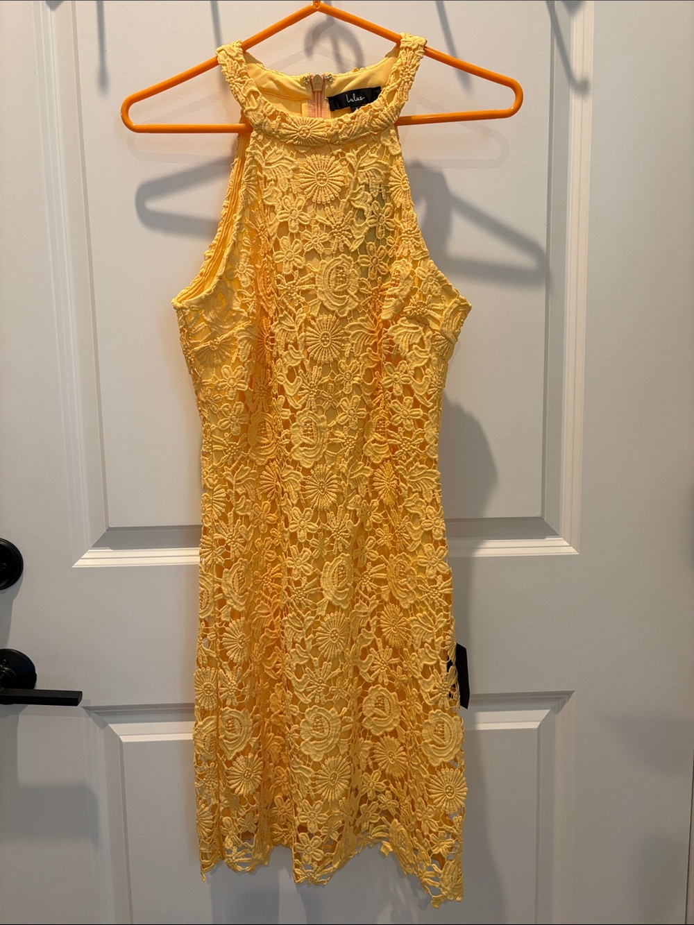 Lulu's Lemon Crochet Lace Halter Mini Dress